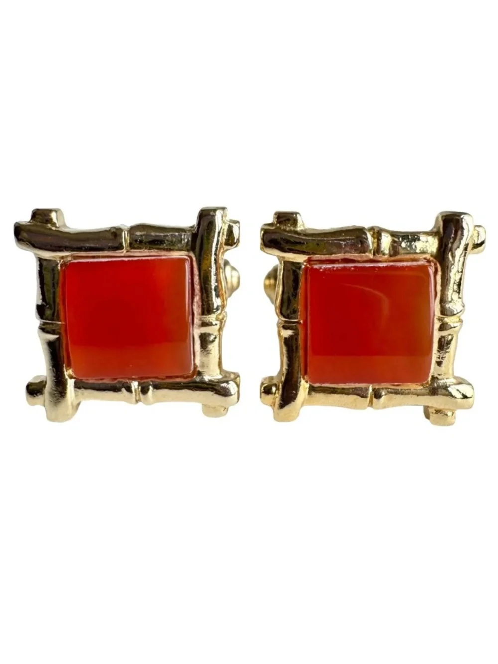 Vintage Red Square Cufflinks Gold Tone Bamboo Style Frame Statement Accessory